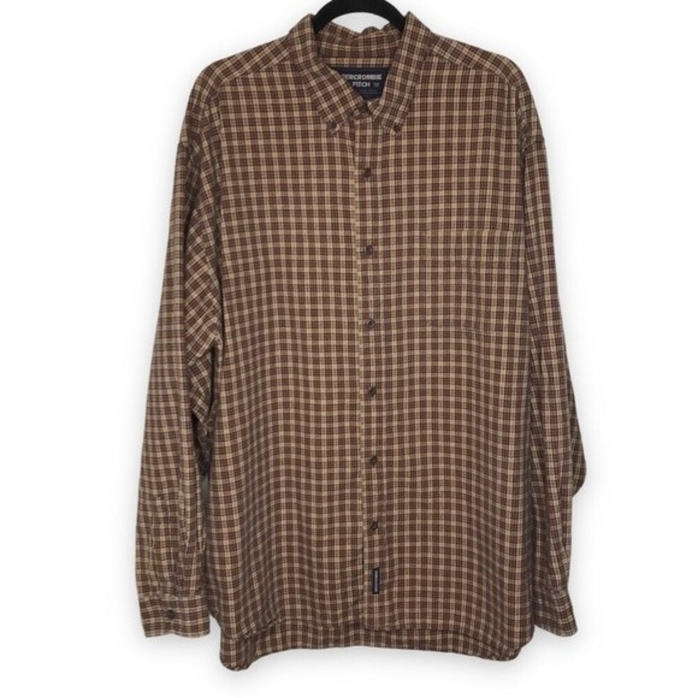 Abercrombie & Fitch Plaid Tan Red Long Sleeve Button Front Cotton Shirt Mens XL